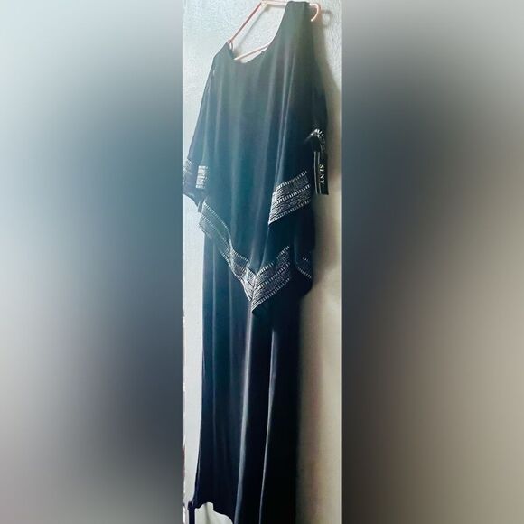 S.L. FASHIONS COLD SHOULDER CAPELET MAXI DRESS W/ METALLIC TRIM WOMENS 14W~NWT - Picture 5 of 8